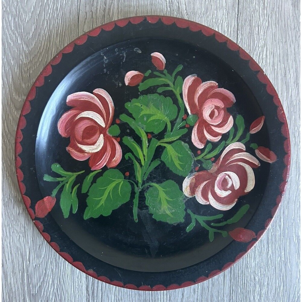 Vintage Hand Painted Toleware Style Plate Melamine Pink Flowers NOT METAL